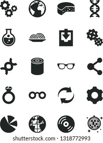 Solid Black Vector Icon Set - sign of the planet vector, renewal, download archive data, cogwheel, CD, cheese, tin, onion, round flask, gears, connection, pie charts, glasses, dna, diamond ring