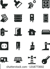 Solid Black Vector Icon Set - bedside table vector, chest of drawers, wooden paint brush, toilet, power socket type f, door knob, interroom, brick, putty knife, boiler, electronic, big solar panel
