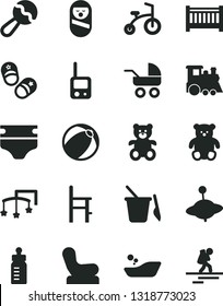 Solid Black Vector Icon Set - baby cot vector, toys over the, feeding bottle, diaper, beanbag, chair, carriage, bath ball, children's bathroom, roly poly doll, toy phone, sand set, a for, teddy bear