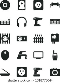 Solid Black Vector Icon Set - camera vector, cordless drill, power socket type b, faucet mixer, headphones, cast iron radiator, mobile phone, fan, mouse, keyboard, pc supply, monitor, hdd, scanner
