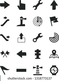 Solid Black Vector Icon Set - upward direction vector, right, left, wind indicator, minus, index finger, map, flag, move up, lighthouse, coastal, repair, radar, cross flags, escalator, signpost