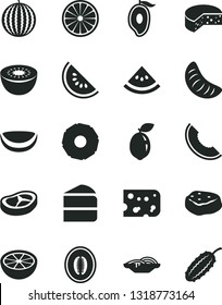 Solid Black Vector Icon Set - piece of cheese vector, slices onion, cake, bacon, meat, water melon, slice, half mango, tangerine, kiwi, sour lime, orange, coconut, pineapple, grapefruit, cucumber