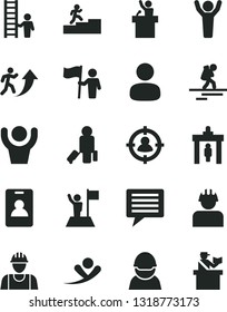 Solid Black Vector Icon Set - image of thought vector, builder, racer, man, in sight, arrow up, carrer stairway, hands, with flag, hold, ladder, speaker, flying, backpacker, identity card, passenger