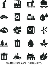 Solid Black Vector Icon Set - dust bin vector, drop, bag with handles, apple stub, leaves, wind energy, oil, hydroelectric station, hydroelectricity, forest, industrial building, factory, transport