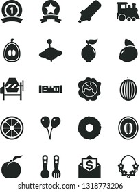 Solid Black Vector Icon Set - plastic fork spoons vector, children's train, yule, colored air balloons, concrete mixer, building level, ripe peach, squash, quince, melon, half, loquat, yellow lemon