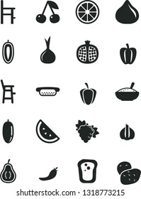 Solid Black Vector Icon Set - a chair for feeding vector, child, mini hot dog, bowl of rice porridge, orange slice, sandwich, cherry, half pomegranate, branch grape, fig, date fruit, sweet, ripe