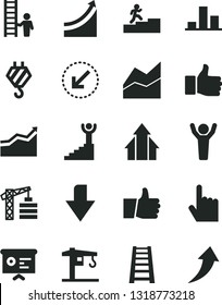 Solid Black Vector Icon Set - downward direction vector, line chart, crane, tower, hook, stepladder, left bottom arrow, index finger, thumb up, financial report, carrer stairway, growth graph