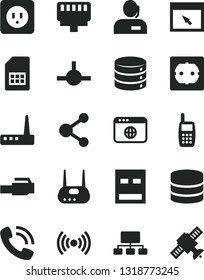Solid Black Vector Icon Set - power socket type b vector, f, big data, SIM card, connection, scheme, dispatcher, phone call, mobile, usb, router, browser, connect, lan connector, wireless, satellite
