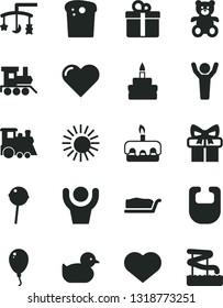 Solid Black Vector Icon Set - heart symbol vector, toys over the cradle, bib, baby duckling, teddy bear, toy train, children's, balloon, gift, Easter cake, slice, torte, birthday, Chupa Chups, sun