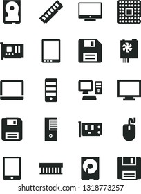 Solid Black Vector Icon Set - floppy disk vector, monitor, screen, processor, computer, tablet pc, notebook, radiator fan, mouse, power supply, tower, memory, card, hdd