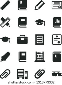 Solid Black Vector Icon Set - clip vector, yardstick, book, new abacus, e, portfolio, buildings, writing accessories, square academic hat, pencil, text highlighter, on statistics, patente, graduate