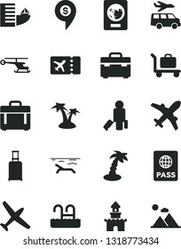 Solid Black Vector Icon Set - suitcase vector, case, passport, sand castle, helicopter, dollar pin, plane, passenger, rolling, ticket, hotel, beach, palm tree, pool, baggage, transfer, mountains