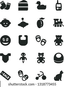 Solid Black Vector Icon Set - bib vector, baby, Child T shirt, rubber duck, warm socks, toy mobile phone, teddy bear, small, children's hairdo, train, yule, tricycle, shoes for little children, pets