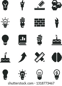 Solid Black Vector Icon Set - matte light bulb vector, cake, brickwork, saving, writing accessories, drawing, honeycombs, energy, book on statistics, brain, flame torch, arrow up, idea