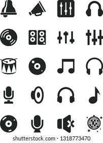 Solid Black Vector Icon Set - bell vector, desktop microphone, horn, loudspeaker, drum, headphones, CD, regulator, no sound, pc speaker, note, settings, disco ball