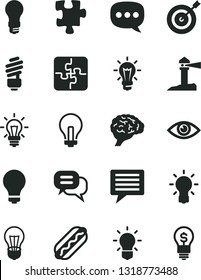 Solid Black Vector Icon Set - image of thought vector, matte light bulb, incandescent lamp, Puzzle, Puzzles, saving, eye, Hot Dog, coastal lighthouse, speech, brain, target, dialog, idea