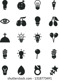 Solid Black Vector Icon Set - colored air balloons vector, saving light bulb, eye, drop, Chupa Chups, cornels, tasty, energy, flame torch, flag on moon, gold ring, crown with cross, three stars