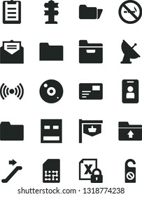 Solid Black Vector Icon Set - folder vector, upload, received letter, pass card, SIM, vintage sign, encrypting, usb, cd, wireless, clipboard, satellite antenna, escalator, access, no smoking