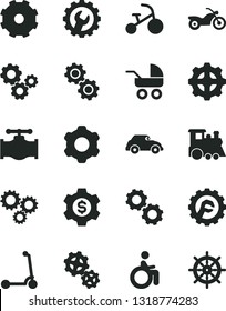 Solid Black Vector Icon Set - truck lorry vector, baby carriage, children's train, tricycle, child Kick scooter, cogwheel, gear, star, valve, gears, retro car, three, dollar, motorcycle, disabled
