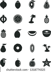 Solid Black Vector Icon Set - a pineapple vector, medlar, half of, mango, loquat, passion fruit, sweet date, kiwi, tamarillo, guawa, piece coconut, slice, ripe guava, part, palm tree, starfish