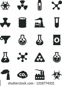 Solid Black Vector Icon Set - round flask vector, manufacture, factory, oil, barrel, industrial building, radiation, carbon dyoxide, water filter, test tube, molecule, nuclear, biohazard