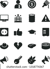 Solid Black Vector Icon Set - warning vector, hat, broken heart, screen, canned goods, spaghetti, chop, barrel, power socket, hand shake, horn, biology, finger up, man with medal, graduate, hotel