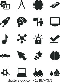Solid Black Vector Icon Set - notebook pc vector, cpu, monitor, note, settings, cursor, encrypting, molecule, brain, drawing compass, rocket, lunar rover, bang, man hold flag, gold bar, vote check