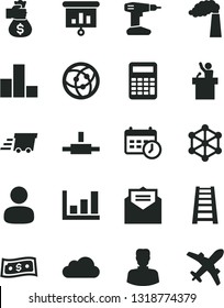 Solid Black Vector Icon Set - bar chart vector, drill, stepladder, received letter, manufacture, woman, man, urgent cargo, presentation, network, connect, schedule clock, cloud, calculator