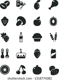 Solid Black Vector Icon Set - plastic fork spoons vector, fried vegetables on sticks, porcini, cake, torte, chicken leg, coffee beans, sushi set, soda can, bottle of, strawberry, cherry, pomegranate