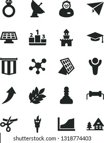 Solid Black Vector Icon Set - pedestal vector, molecule, scientist, graduate hat, growth graph, sun panel, satellite antenna, biology, resistor, flame torch, winner, pawn, diamond ring, pennant flag