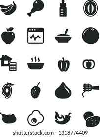 Solid Black Vector Icon Set - feeding bottle vector, estimate, cardiogram, noodles, a bowl of buckwheat porridge, hot, chicken, leg, chili, fried egg, red apple, fig, tasty mulberry, half mango