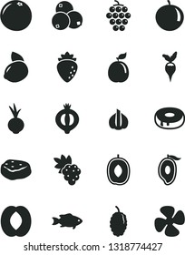 Solid Black Vector Icon Set - cake with a hole vector, piece of meat, beet, fish, grape, large, raspberry, half medlar, blueberries, mulberry, mango, delicious plum, peach, tangerine, yellow lemon