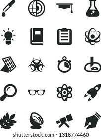 Solid Black Vector Icon Set - flask vector, telescope, atom, glasses, zoom, bulb, book, biohazard, pipette, graduate hat, clipboard, artifical insimination, earth core, sun panel, satellite antenna