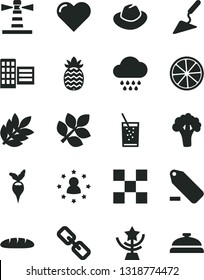 Solid Black Vector Icon Set - spectacles vector, hat, remove label, cloud, building trowel, city block, tile, heart, loaf, a glass of soda, slice lemon, pineapple, broccoli, radish, lighthouse
