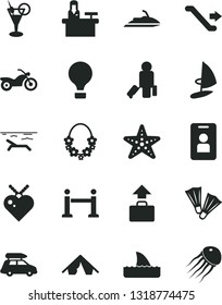 Solid Black Vector Icon Set - car baggage vector, air balloon, motorcycle, escalator, rope barrier, passenger, tent, beach, hawaii wreath, cocktail, starfish, flippers, access card, receptionist