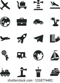 Solid Black Vector Icon Set - briefcase vector, paper airplane, planet, retro car, lighthouse, coastal, lunar rover, man hold world, rocket, earth, plane, camper, sail boat, airport tower, arrival