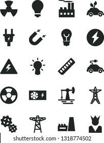 Solid Black Vector Icon Set - danger of electricity vector, matte light bulb, working oil derrick, power line, pole, electric plug, industrial building, thermal plant, gears, radiation, hazard, car