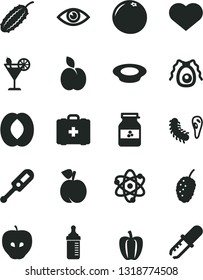 Solid Black Vector Icon Set - heart symbol vector, measuring bottle for feeding, electronic thermometer e, medical bag, eye, a plate of milk, cocktail, jar jam, apple, peach, tasty, mulberry, half