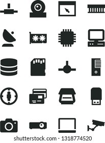 Solid Black Vector Icon Set - camera vector, cards, satellite antenna, goal woman, computer, notebook pc, radiator fan, tower, cpu, gpu card, web, scanner, usb flash, browser, connect, projector, sd
