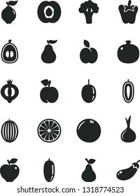 Solid Black Vector Icon Set - peper vector, apple, pear, peach, half apricot, pomegranate, quince, red, of medlar, melon, date fruit, loquat, passion, sweet, orange, grapefruit, ripe guava, onion