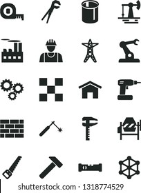 Solid Black Vector Icon Set - builder vector, brickwork, concrete mixer, adjustable wrench, cordless drill, arm saw, measuring tape, construction level, tile, hammer, home, working oil derrick