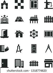 Solid Black Vector Icon Set - house vector, box of bricks, window, frame, ntrance door, interroom, buildings, tile, fence, hedge, paving slab, industrial enterprise, tower crane, drawing compass