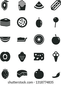Solid Black Vector Icon Set - piece of cheese vector, pizza, Hot Dog, cake slice, Chupa Chups, fried potato slices, cone, strawberry, pancakes, half apricot, pomegranate, tasty raspberry, mango