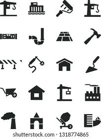 Solid Black Vector Icon Set - box of bricks vector, crane, dwelling, building trolley, trowel, concrete mixer, paint roller, siphon, level, paving slab, road fence, hammer with claw, home, tower