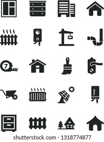 Solid Black Vector Icon Set - house vector, bedside table, chest of drawers, building trolley, window, long meashuring tape, wooden paint brush, siphon, door knob, buildings, new radiator, boiler