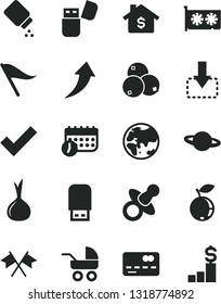 Solid Black Vector Icon Set - wind direction indicator vector, check mark, dummy, baby powder, carriage, planet, move down, blueberry, blueberries, onion, front of the bank card, schedule, gpu