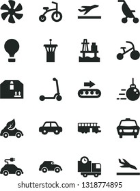 Solid Black Vector Icon Set - summer stroller vector, motor vehicle, child bicycle, tricycle, Kick scooter, big core, car, delivery, cardboard box, sea port, marine propeller, production conveyor