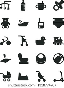 Solid Black Vector Icon Set - toys over the cradle vector, dummy, mug for feeding, measuring bottle, diaper, baby bib, chair, carriage, summer stroller, sitting, duckling, bath ball, toy phone, yule