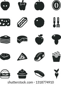 Solid Black Vector Icon Set - iron fork spoons vector, piece of cheese, pizza, Hot Dog, burger, mushroom, muffin, cabbage, meat, peper, French fries, sushi, japanese, pancakes, apple, red, tasty