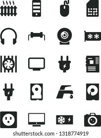 Solid Black Vector Icon Set - faucet mixer vector, headphones, screen, lens, plug, electric, socket, SIM, cast iron radiator, fan, mouse, pc power supply, tower, motherboard, gpu card, monitor, hdd
